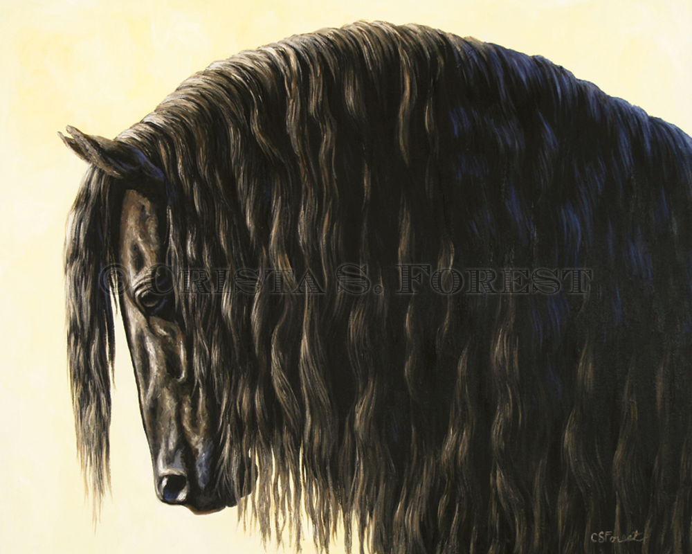 Oil painting of Friesian horse by equine artist Crista Forest, ForestStudios.com. Fine Art Prints available