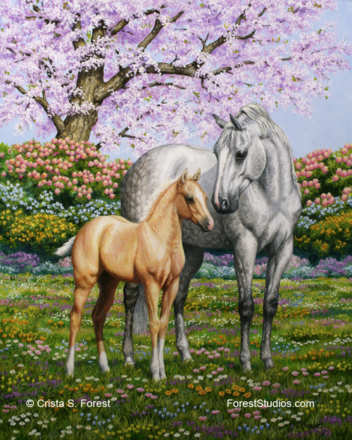 Oil painting of a mare and foal by equine artist Crista Forest, ForestStudios.com. Fine Art Prints available