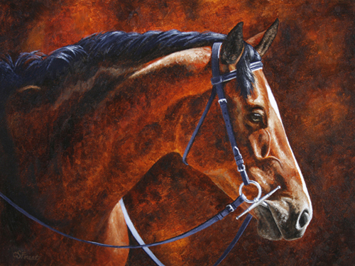 Oil painting of bay Hanoverian horse by equine artist Crista Forest, ForestStudios.com. Fine Art Prints available