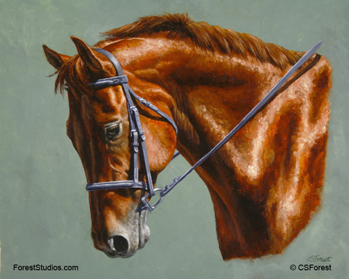 Oil painting of chestnut dressage horse by equine artist Crista Forest, ForestStudios.com. Fine Art Prints available