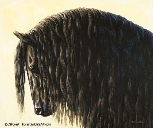 Oil painting of Friesian horse by equine artist Crista Forest, ForestStudios.com. Fine Art Prints available