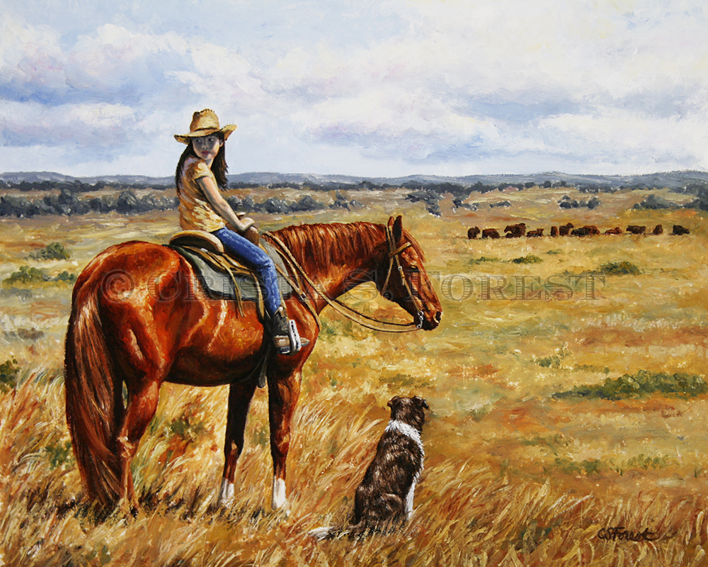 Oil painting of little cowgirl on a chestnut horse by equine artist Crista Forest, ForestStudios.com. Fine Art Prints available