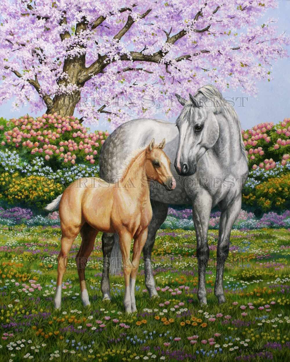 Oil painting of a mare and foal by equine artist Crista Forest, ForestStudios.com. Fine Art Prints available